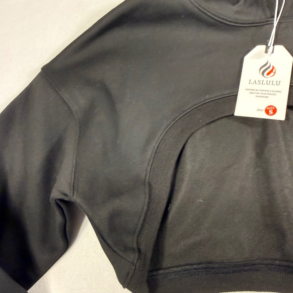 LASLULU Ultra Cropped Hoodie Size S Black Front Cutout Long Sleeve Sweatshirt - Picture 5 of 8